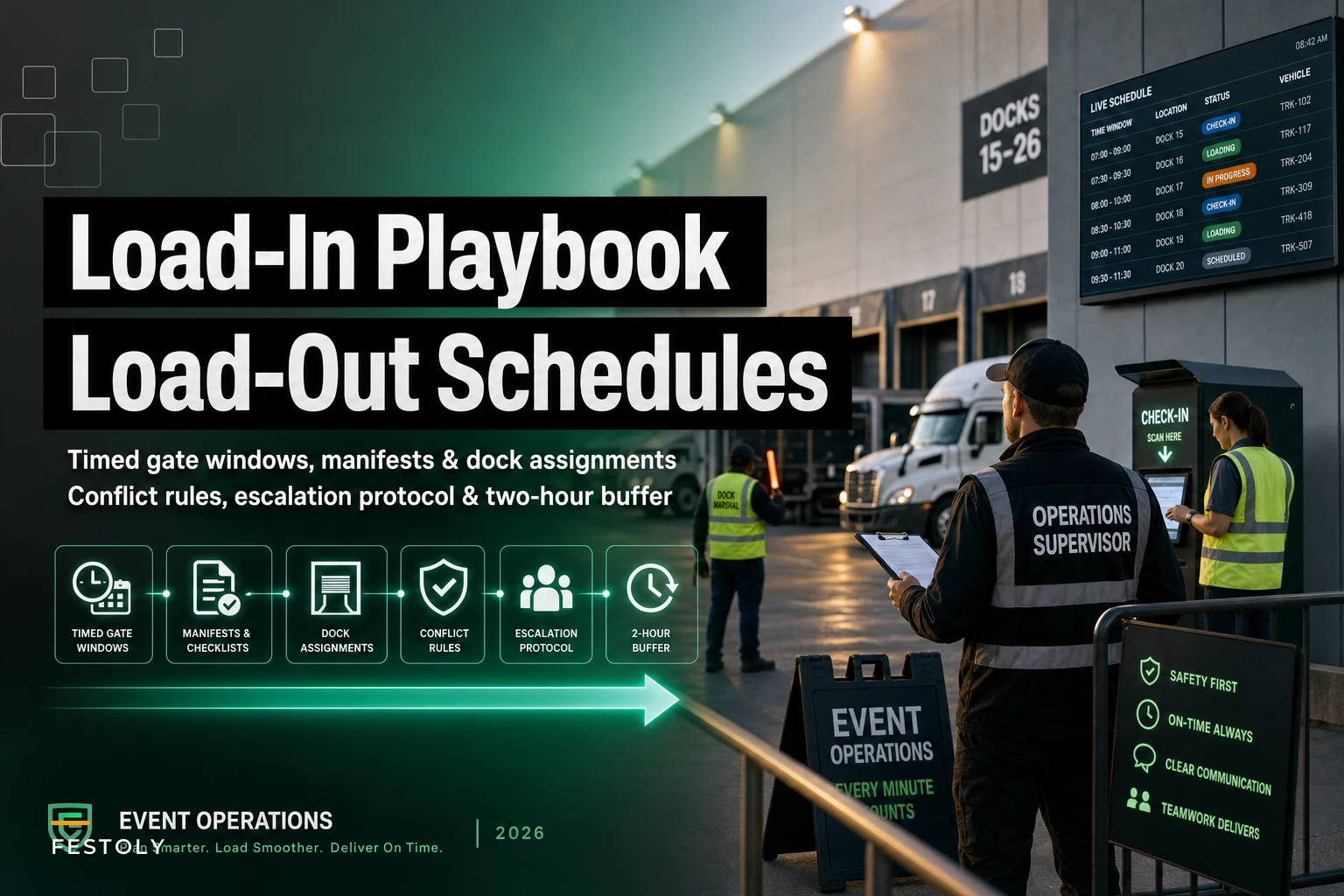 Load‑In / Load‑Out Scheduling Playbook: Timed Gate Schedules, Manifests, and Escalation Protocols