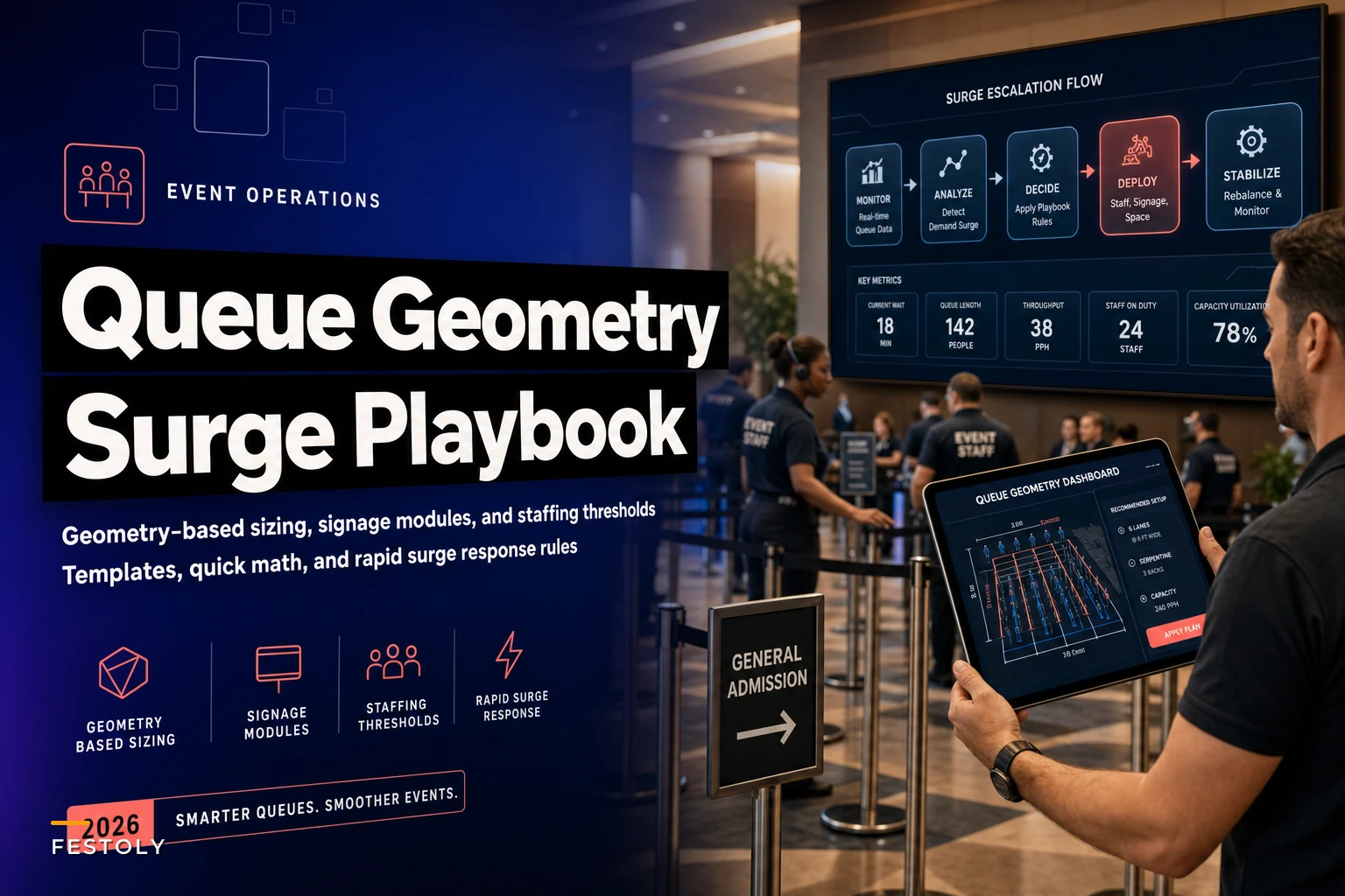 Queue Management for Events: Geometry‑Based Queue Sizing, Signage Modules, and Surge Response Rules
