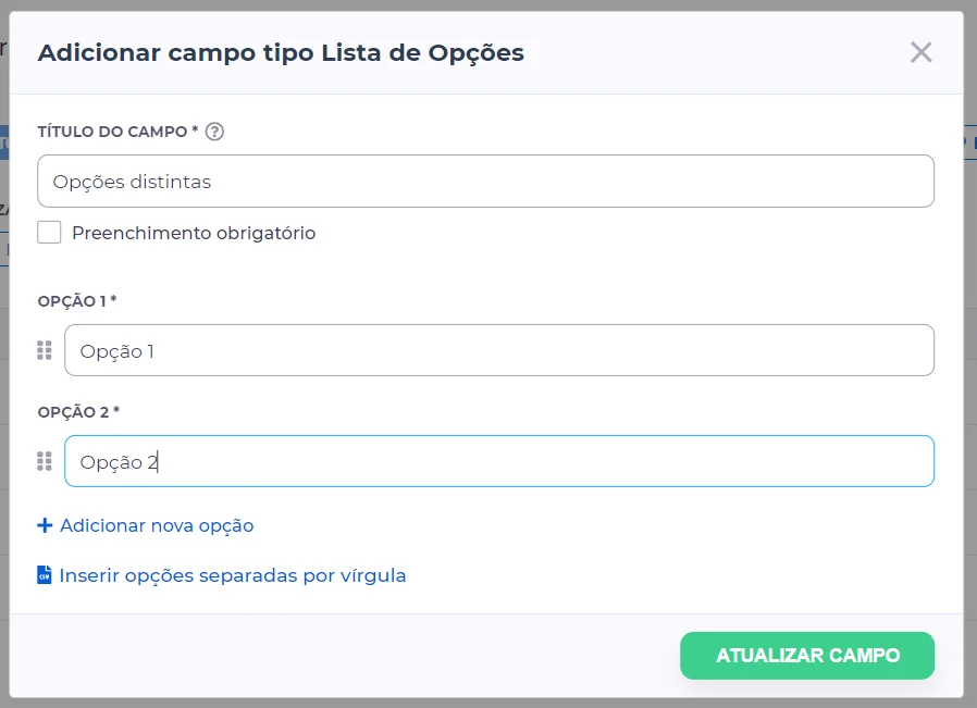 campo tipo lista de opções do formulário de inscrição