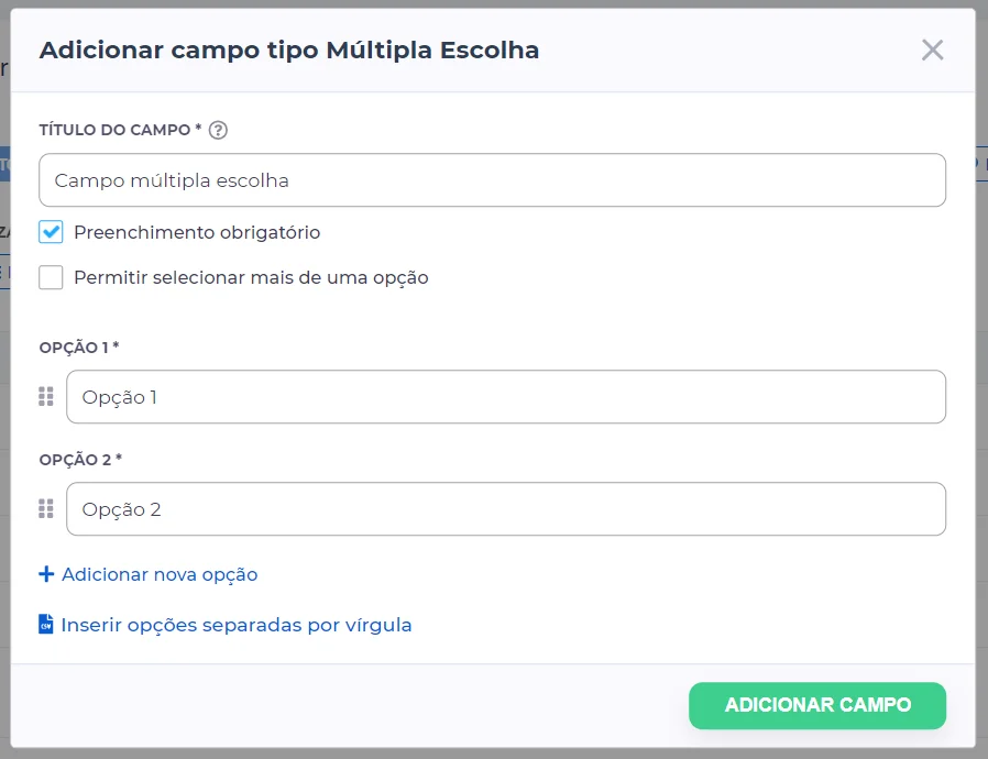 campo tipo multipla escolha do formulário de inscrição