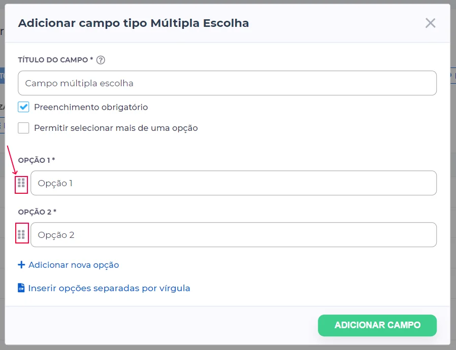 campo tipo múltipla escolha do formulário de inscrição, com foco em reordenação