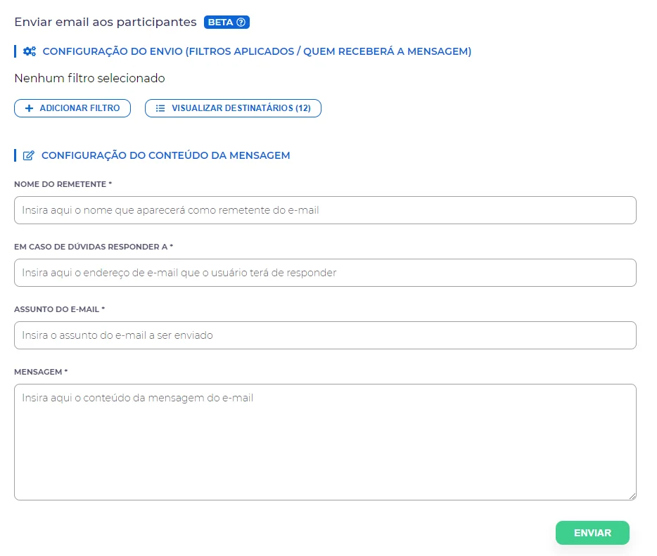 formulário de envio de e-mail via dashboard