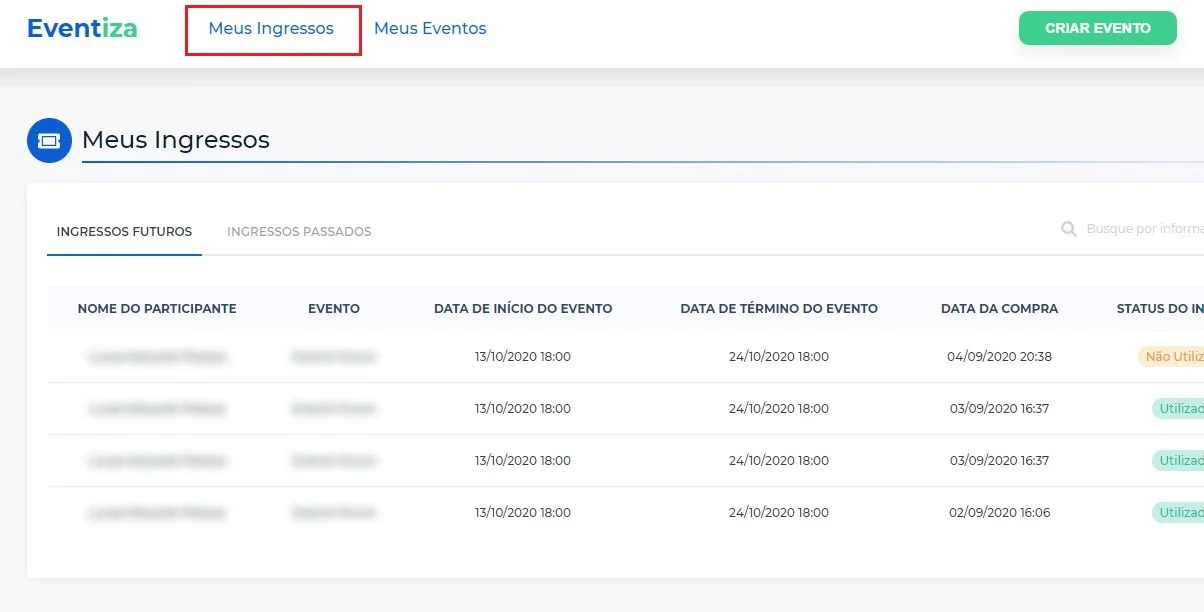 lista com meus ingressos