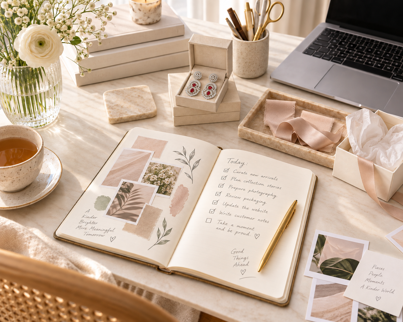 EverLush collection-curation desk with an open planning journal, jewelry and packaging
