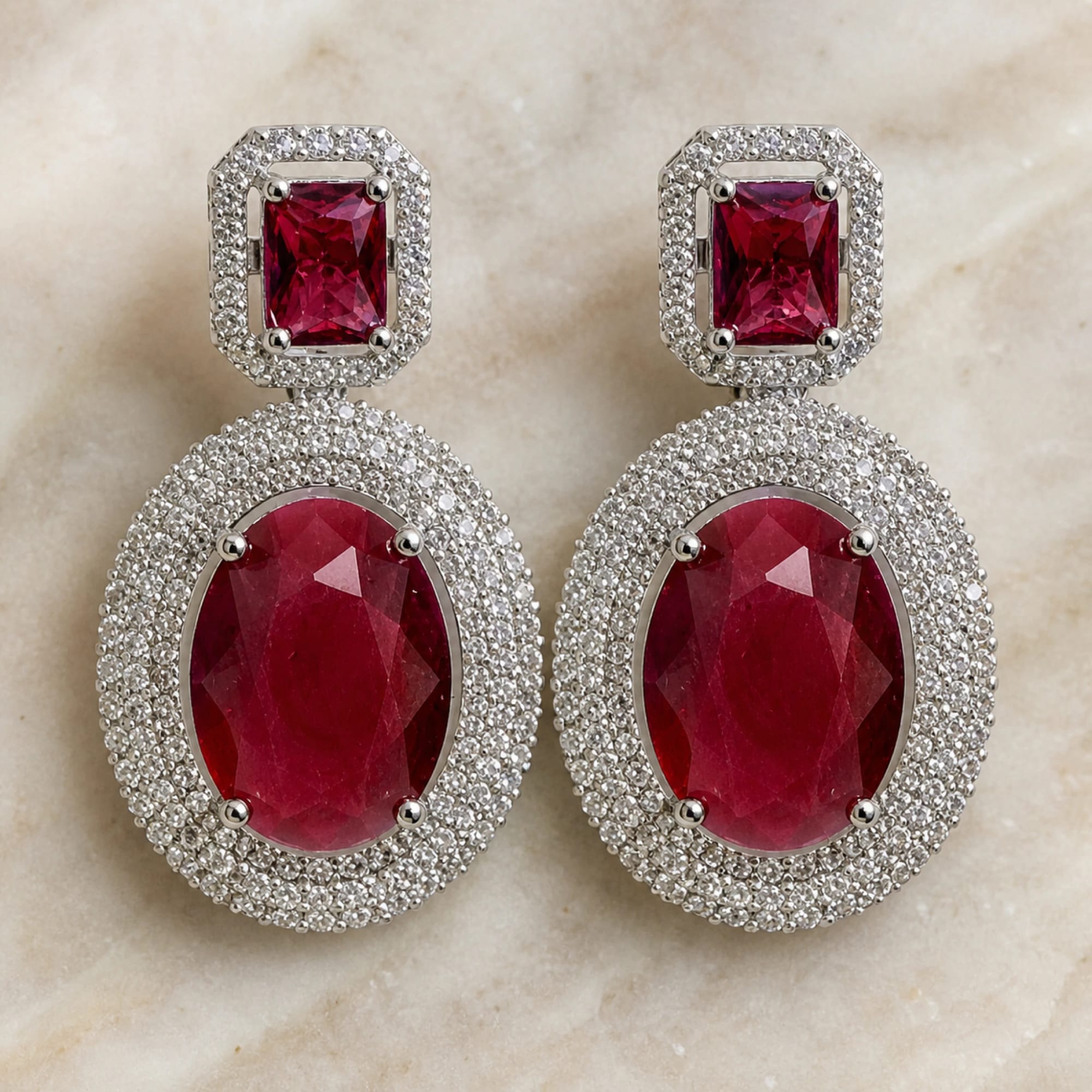 Ravella ruby crystal halo drop earrings