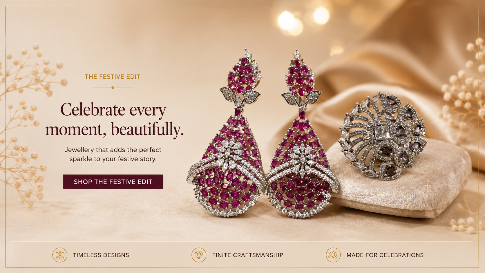 Ruby floral earrings and a smoky-lavender sculptural ring arranged on champagne silk for the Festive Edit