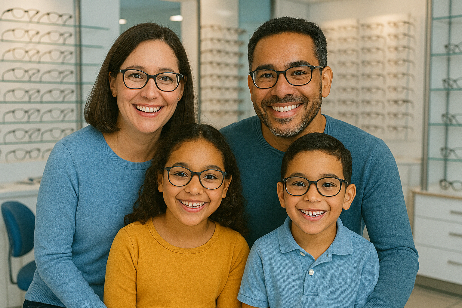 A happy family with a young child wearing glasses at their Sunnyside eye doctor
