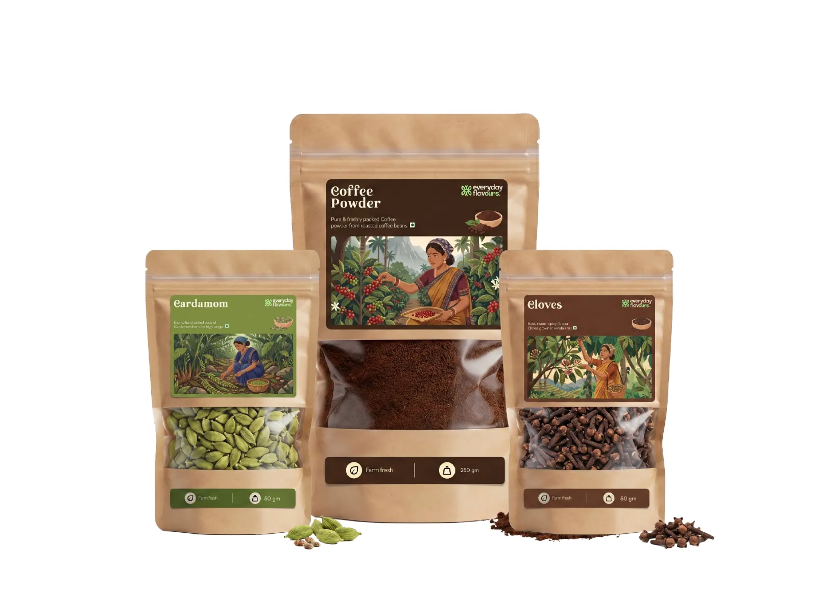 COMBO 4 - Coffee Powder (250g) + Cloves (50g) + Cardamom (50g) — spice & coffee combo