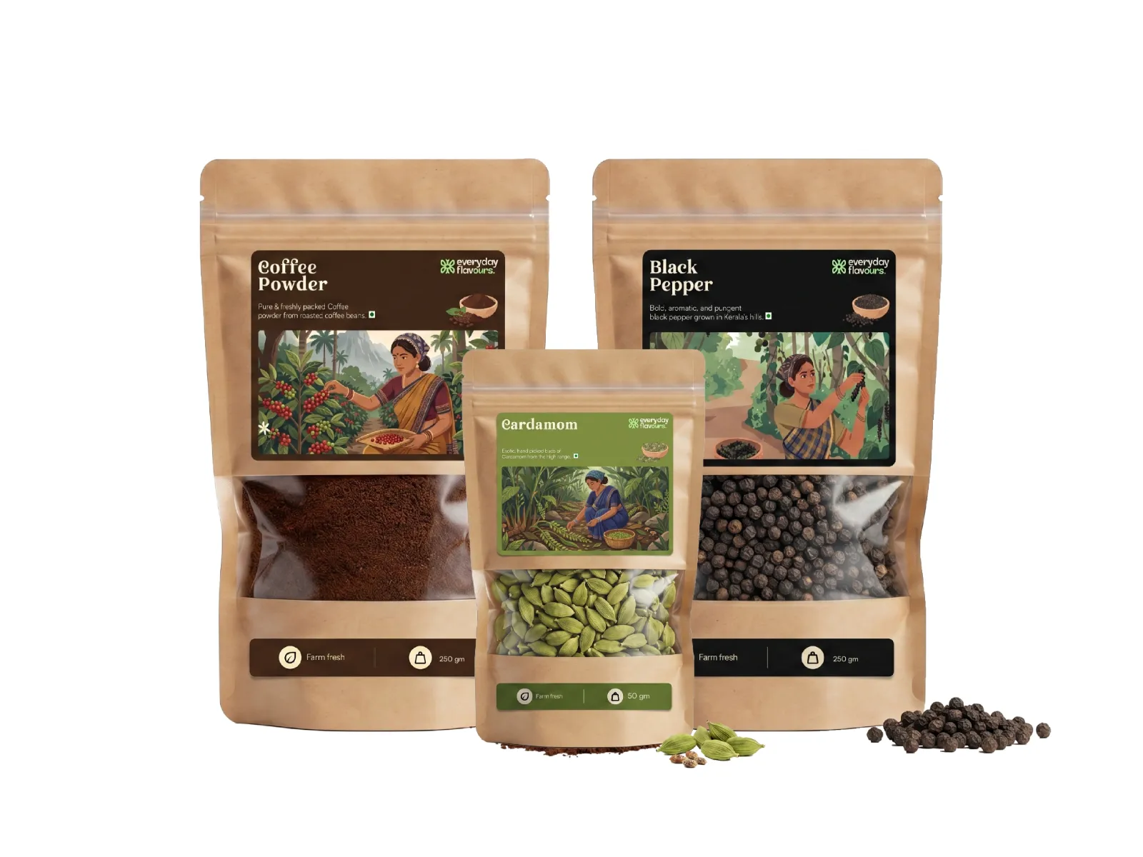 COMBO 1 - Black Pepper (250g) + Cardamom (50g) + Coffee Powder (250g) — spice & coffee combo
