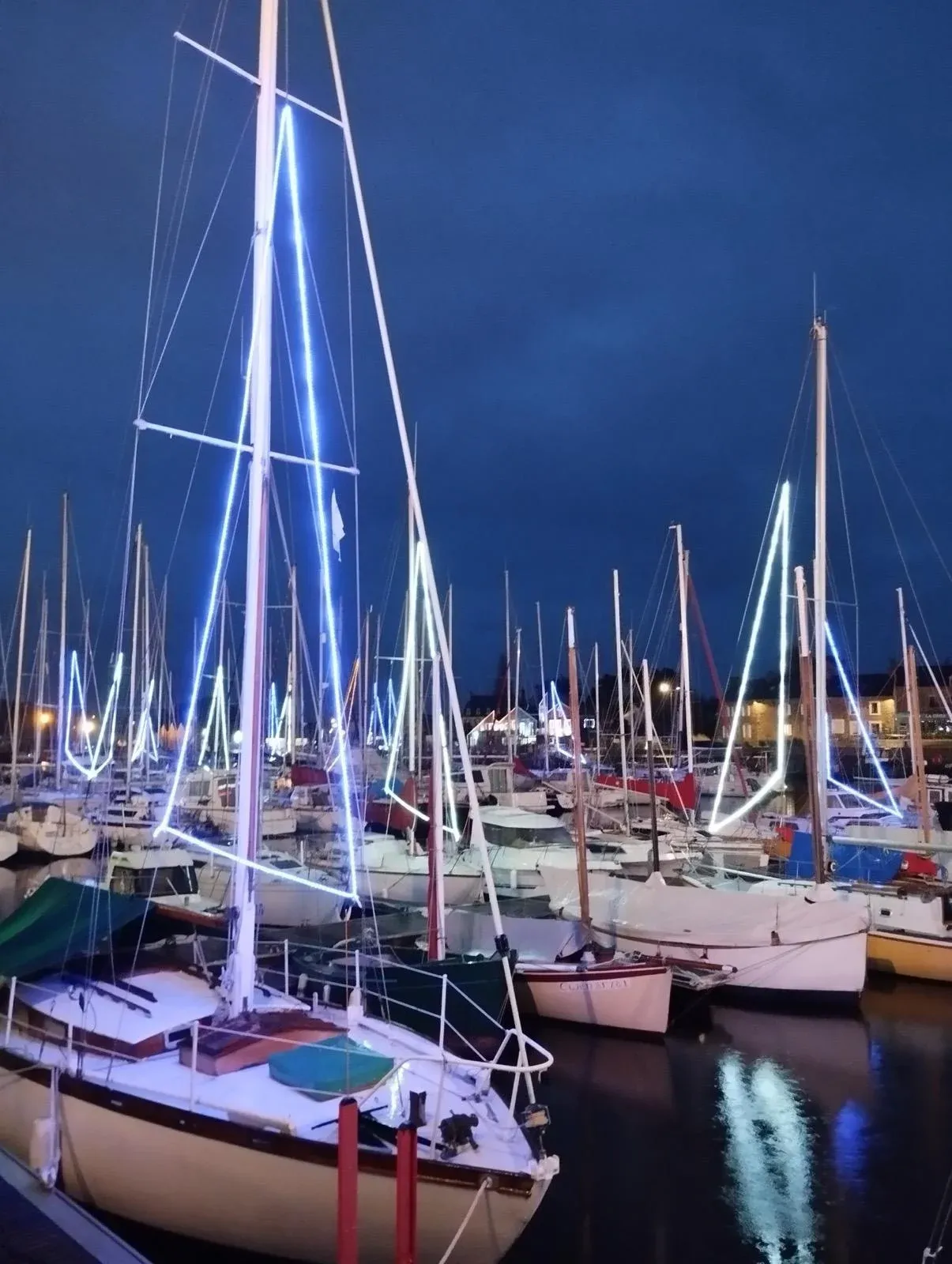 Sailboat masts lit with string lights in a harbour at night