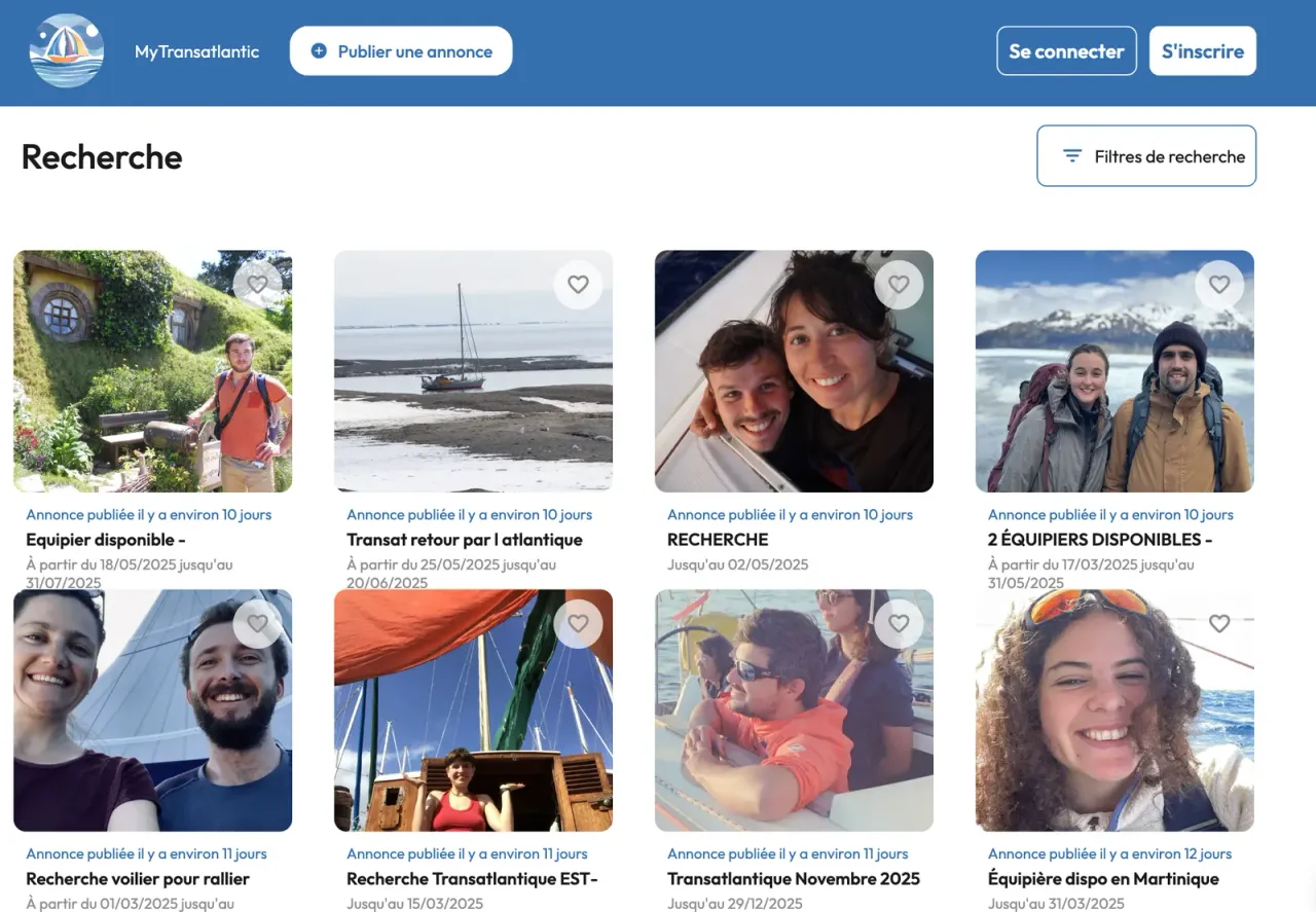 EveryTransatlantic search page, with crew and skipper listings