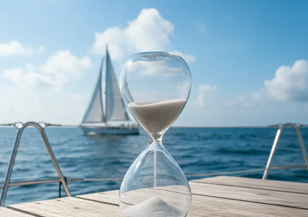 Hourglass resting on the deck of a sailboat, with another sailboat in the distance