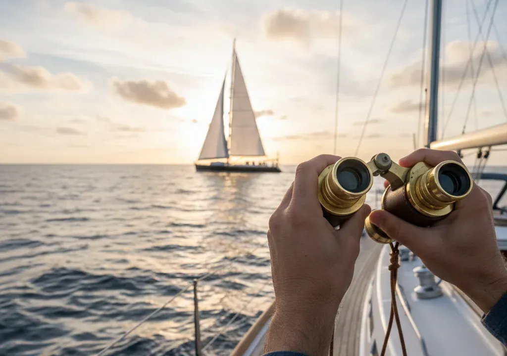 Hands holding binoculars pointed at a sailboat in the distance