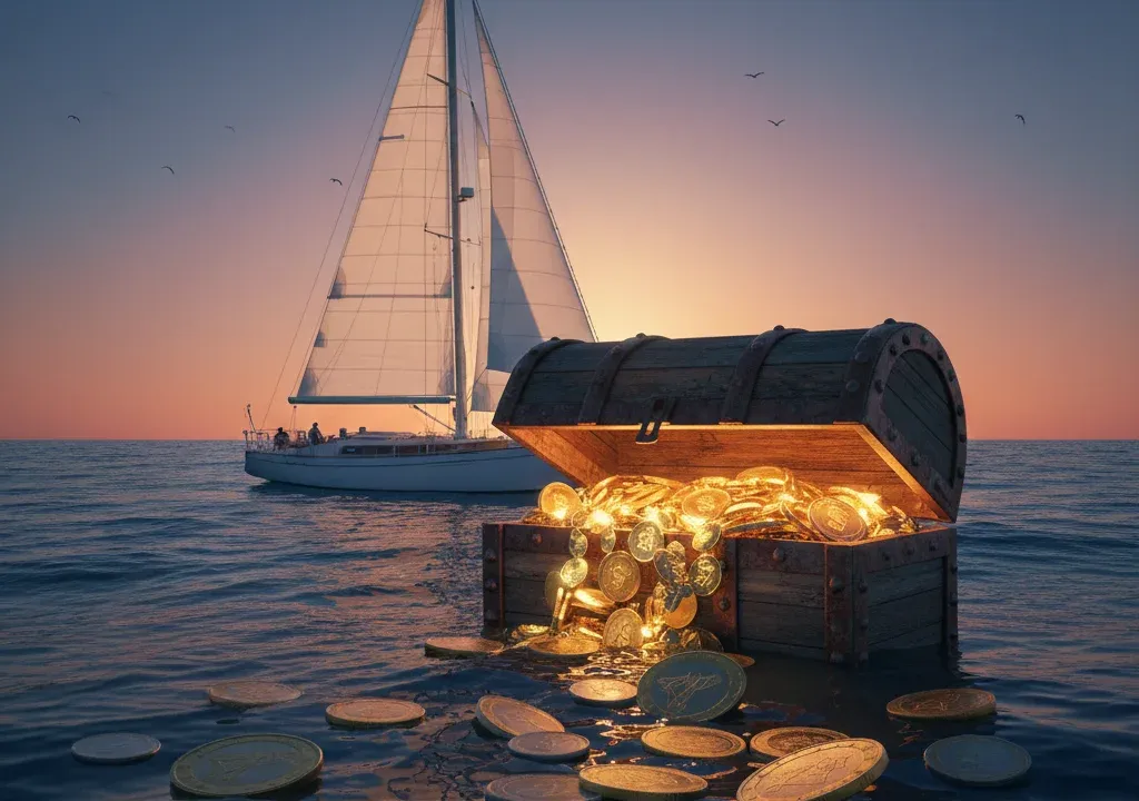 Chest full of gold coins in front of a sailboat at sunset