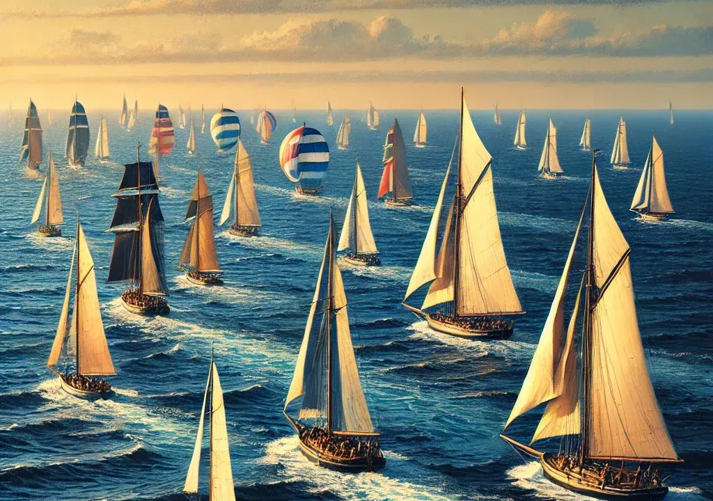 Dozens of sailboats sailing together on the open sea