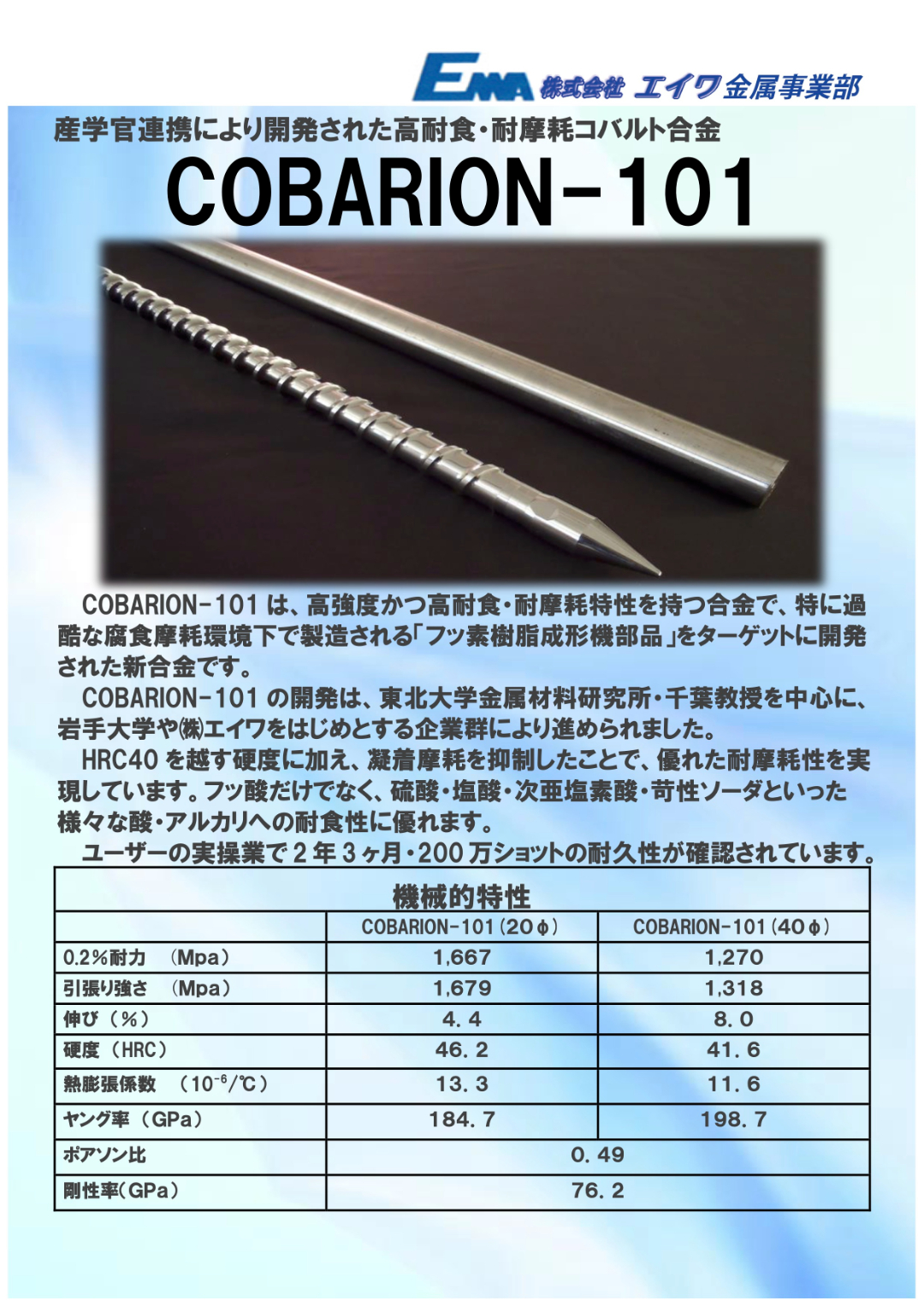 産学官連携により開発された高耐食・耐摩耗コバルト合金「COBARION-101」