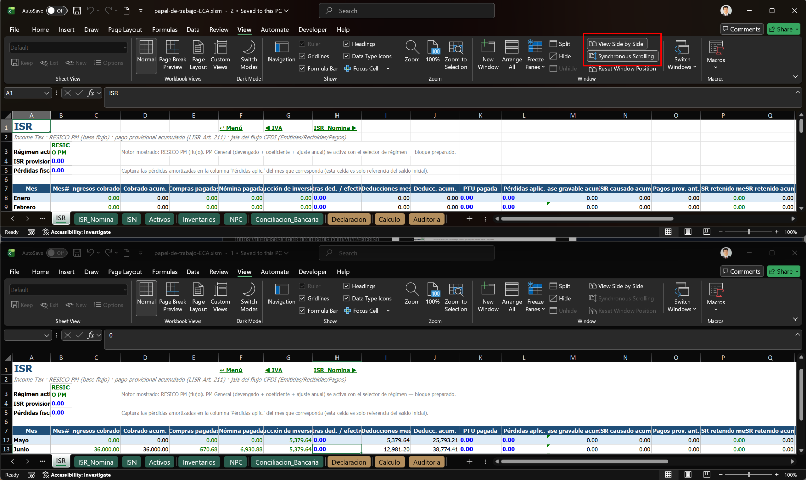 ALT (ES): Captura de dos hojas de Excel en modo Ver en paralelo, mostrando datos similares con una diferencia sutil en una celda, sin ningún resaltado que la señale.
ALT (EN): Screenshot of two Excel sheets in side-by-side view showing similar data with a subtle difference in one cell, with no highlighting pointing it out.