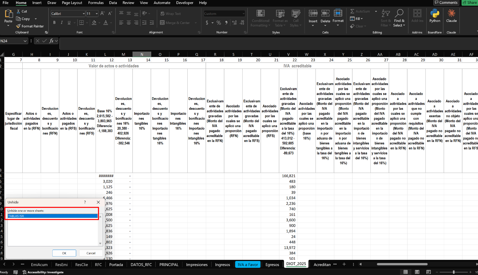 (ES): Captura del cuadro de diálogo Mostrar de Excel listando varias hojas ocultas con nombres descriptivos.
(EN): Screenshot of Excel's Unhide dialog listing several hidden sheets with descriptive names.