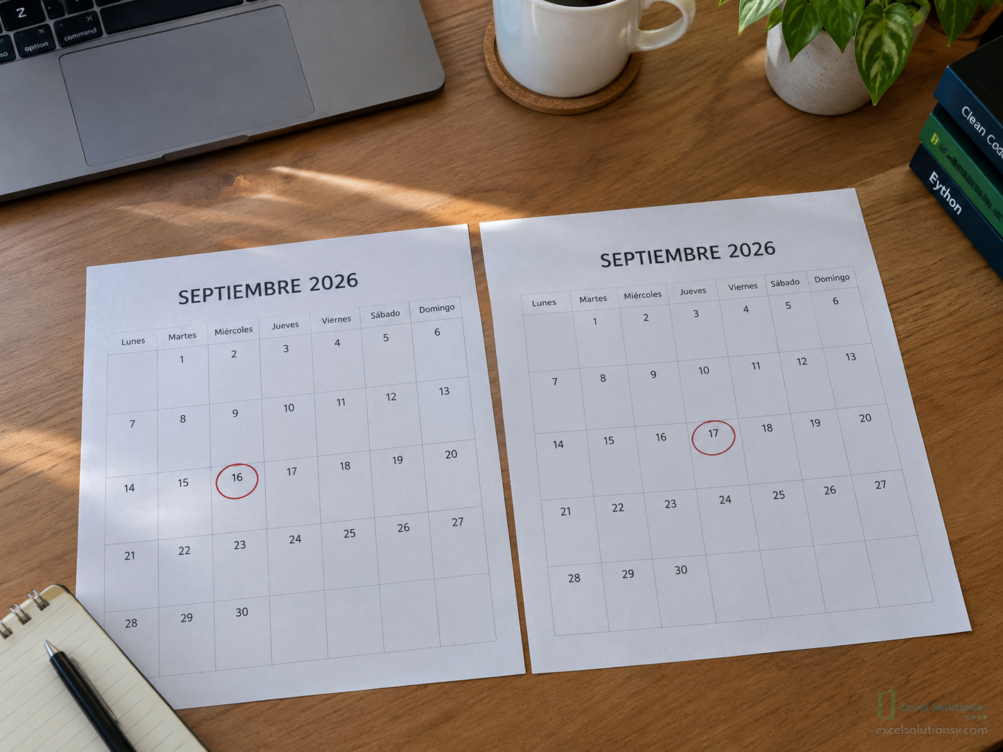 Fotografía de un escritorio de trabajo con dos hojas de calendario impresas una junto a otra, marcando un día de diferencia entre ellas, luz natural suave.