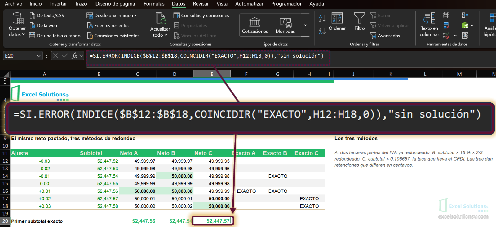 Hoja Metodos: primer subtotal exacto 52,447.56 con el método A, 52,447.54 con el B y 52,447.57 con el C / Metodos sheet: first exact subtotal 52,447.56 with method A, 52,447.54 with B and 52,447.57 with C