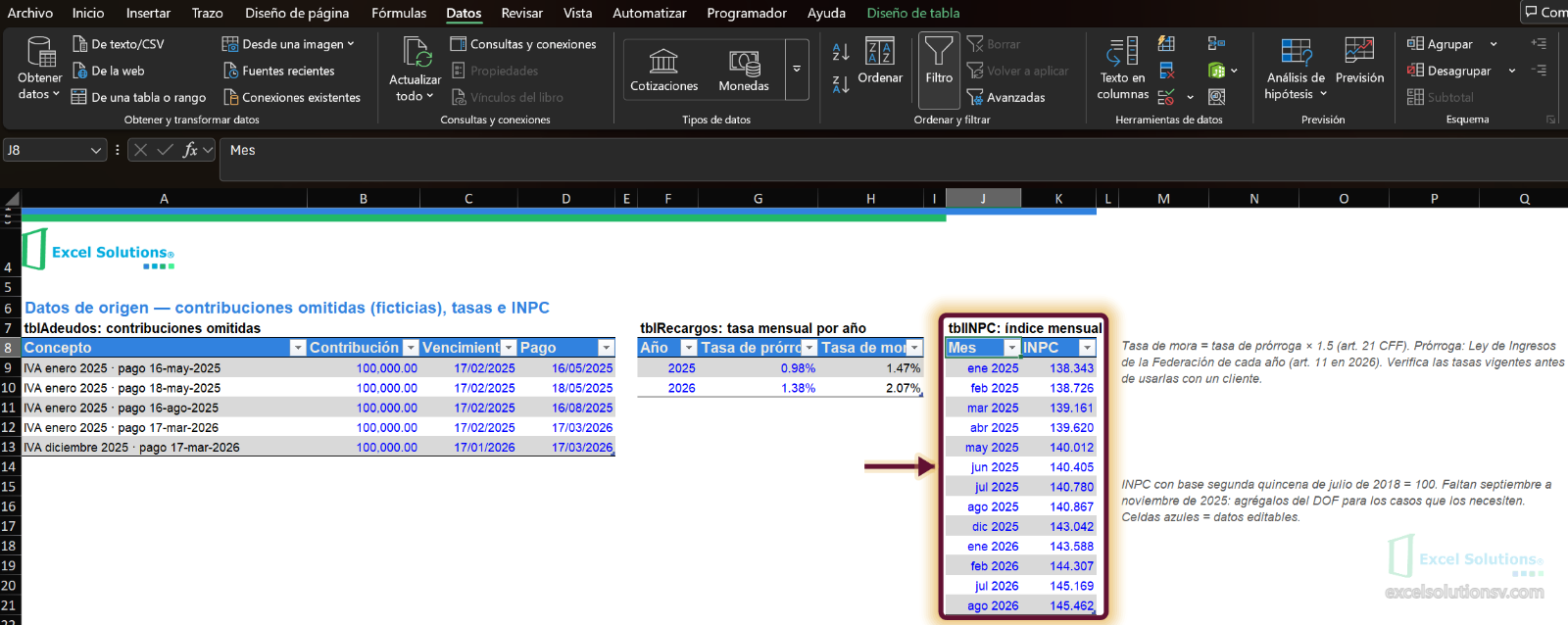 Hoja Datos con las tablas de adeudos, de tasas de recargos por año y de INPC mensual con celdas editables en azul / Data sheet with the debts table, the yearly surcharge rates and the monthly CPI with editable blue cells