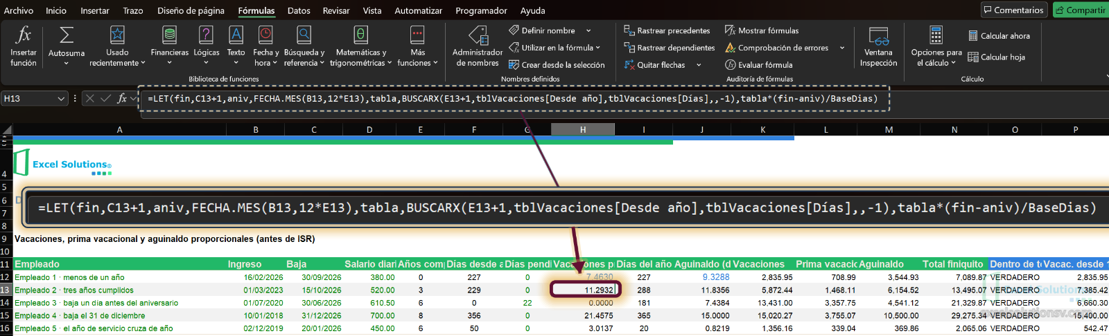 Hoja Calculo con la fórmula LET de vacaciones proporcionales en H13, que da 11.2932 días / Calculation sheet with the LET formula for prorated vacation in H13, giving 11.2932 days