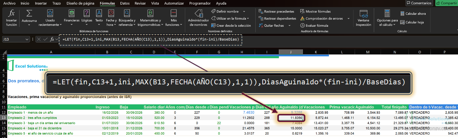 Hoja Calculo con la fórmula LET del aguinaldo proporcional en J13, que da 11.8356 días / Calculation sheet with the LET formula for the prorated bonus in J13, giving 11.8356 days
