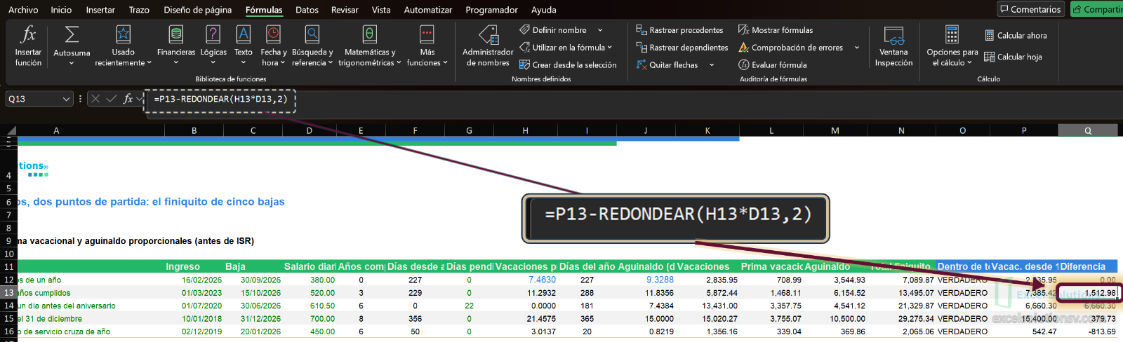Hoja Calculo con las columnas P y Q: vacaciones ancladas al 1 de enero y su diferencia de 1,512.98 / Calculation sheet with columns P and Q: vacation anchored to January 1 and its 1,512.98 difference