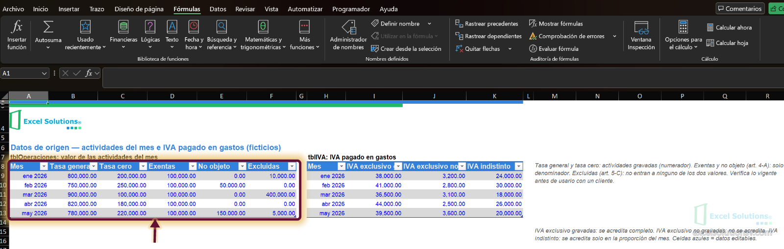 Hoja Datos con la tabla de operaciones del mes y la tabla del IVA pagado en gastos con celdas editables en azul / Data sheet with the monthly operations table and the VAT paid on expenses, with editable blue cells