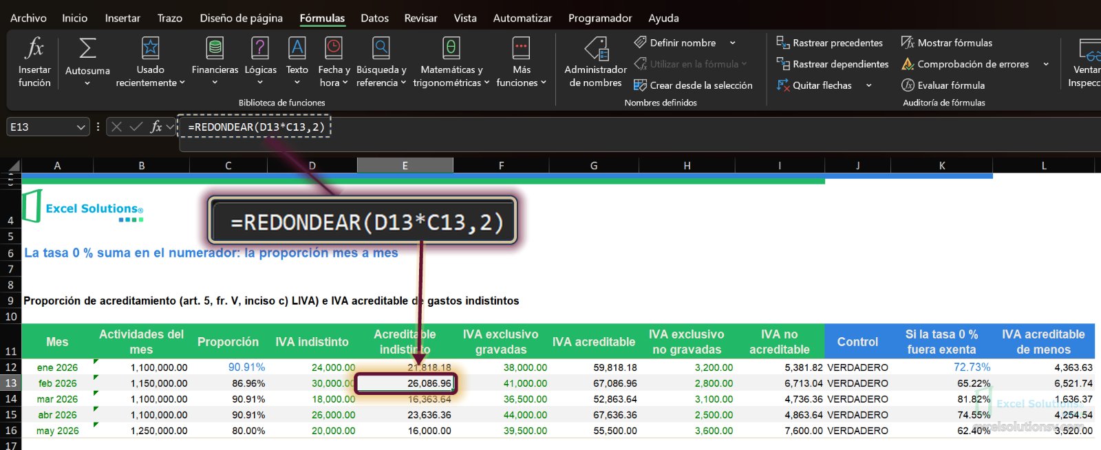 Hoja Calculo con el IVA acreditable del indistinto en E13: 26,086.96 / Calculation sheet with the creditable part of shared VAT in E13: 26,086.96