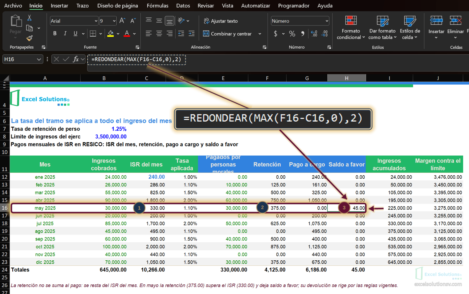 Hoja Calculo con la retención de mayo de 375.00 mayor al ISR de 330.00 y un saldo a favor de 45.00 en H16 / Calculation sheet with May's 375.00 withholding above the 330.00 ISR and a 45.00 credit balance in H16