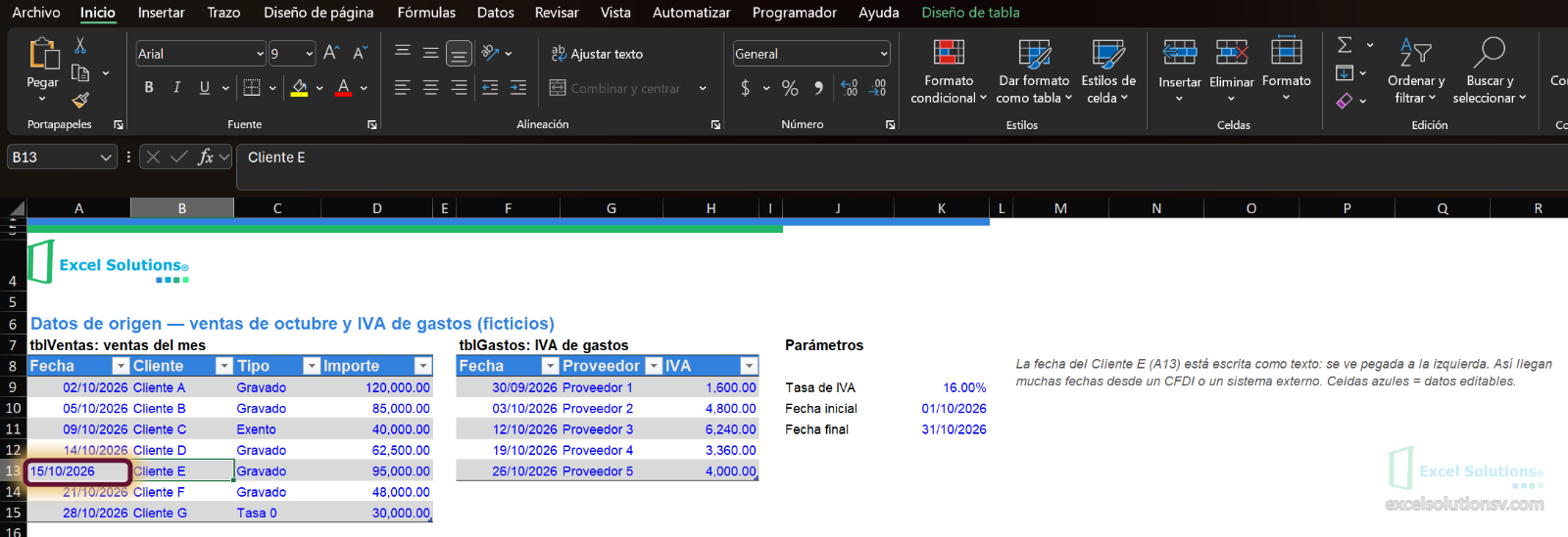 iHoja Datos con la tabla de ventas y la fecha del Cliente E guardada como texto, alineada a la izquierda / Data sheet with the sales table and Client E's date stored as text, left-aligned