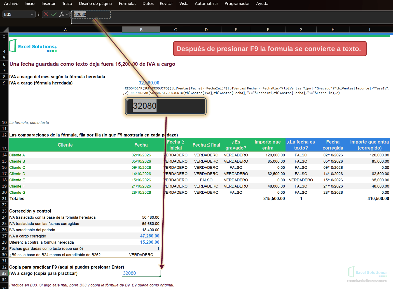 Barra de fórmulas con el valor 32080 en lugar de la fórmula después de presionar F9 sobre toda la fórmula / Formula bar with the value 32080 instead of the formula after pressing F9 over the whole formula
