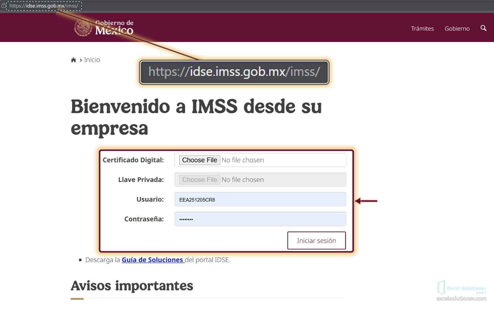 Pantalla de inicio de IDSE con los campos Certificado Digital, Llave Privada, Usuario y Contraseña vacíos / IDSE login screen with the Digital Certificate, Private Key, Username and Password fields empty
