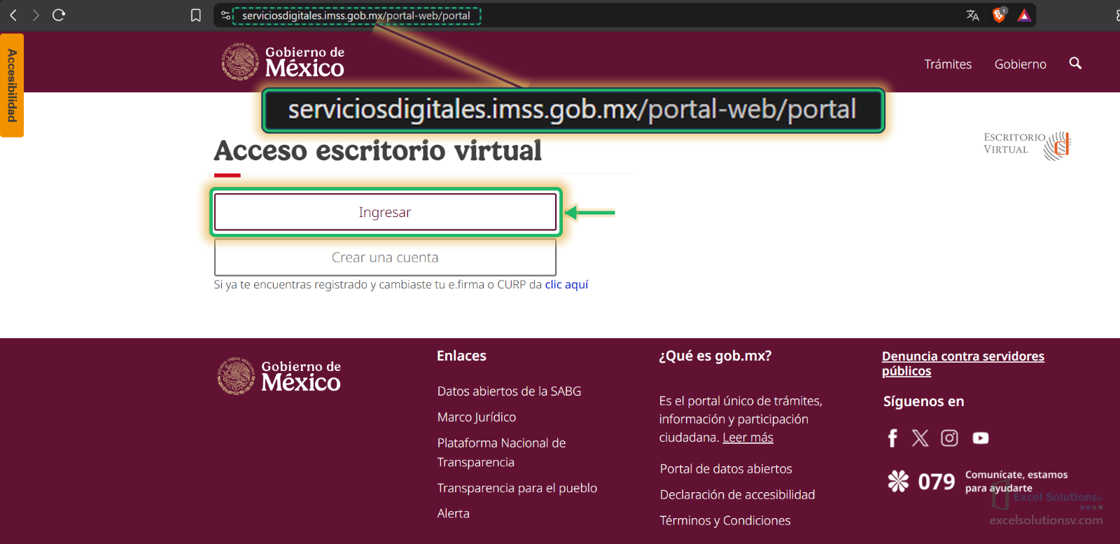 Pantalla de acceso al Escritorio Virtual del IMSS con el botón «Ingresar» resaltado y la dirección del portal serviciosdigitales.imss.gob.mx/portal-web/portal destacada. IMSS Virtual Desk login page with the “Ingresar” button highlighted and the serviciosdigitales.imss.gob.mx/portal-web/portal website address emphasized.
