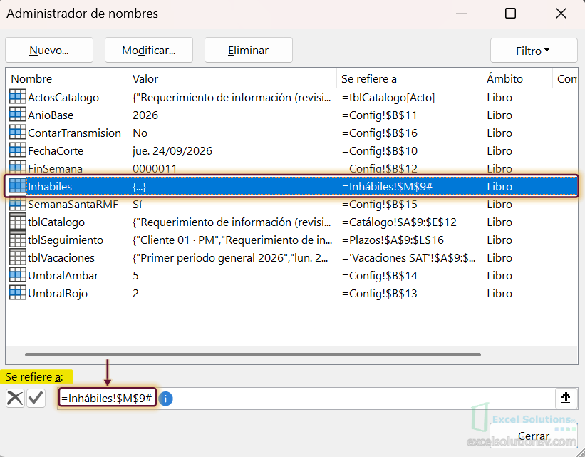 Administrador de nombres con Inhabiles seleccionado: se refiere a Inhábiles!$M$9#, la lista derramada de días inhábiles / Name Manager with Inhabiles selected: it refers to Inhábiles!$M$9#, the spilled list of non-working days