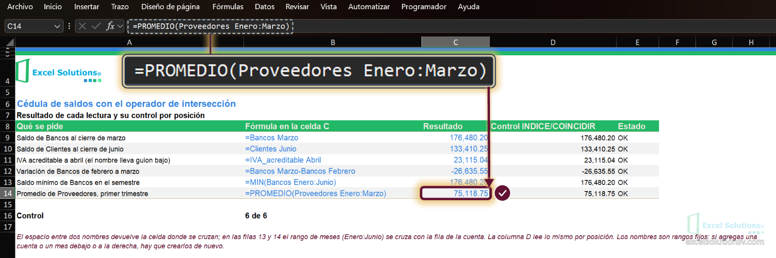 Hoja Interseccion, C14 activa: la barra muestra el PROMEDIO de Proveedores Enero:Marzo y la celda da 75,118.75 / Interseccion sheet, C14 active: the bar shows the AVERAGE of Proveedores Enero:Marzo and the cell returns 75,118.75