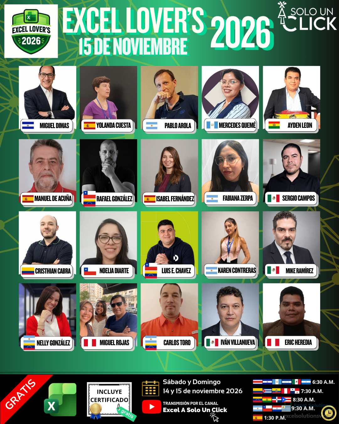 Flyer grupal de los ponentes del domingo 15 de noviembre de Excel Lovers 2026, con transmisión gratuita por el canal Excel A Solo Un Click. / Group flyer of the Sunday, November 15 speakers at Excel Lovers 2026, streamed free on the Excel A Solo Un Click channel.
