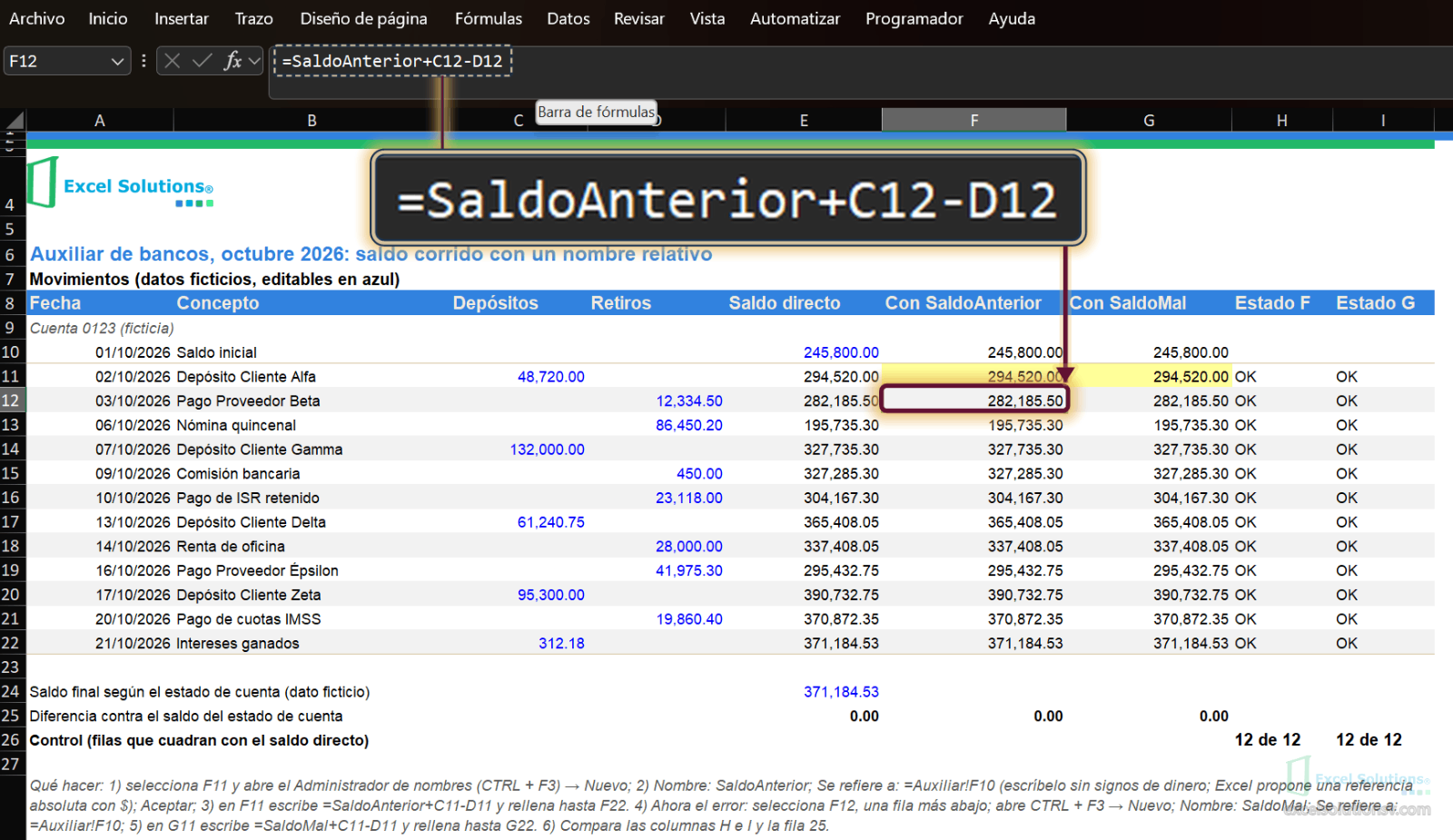 Hoja Auxiliar con F12 activa: la barra muestra =SaldoAnterior+C12-D12 y la celda da 282,185.50 / Auxiliar sheet with F12 active: the bar shows =SaldoAnterior+C12-D12 and the cell returns 282,185.50