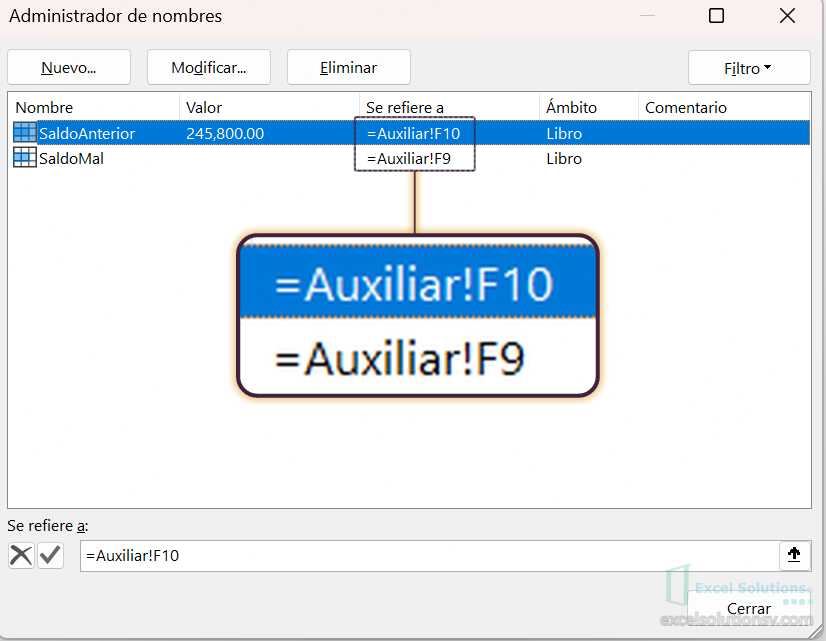 Administrador de nombres con F11 activa: SaldoAnterior se refiere a =Auxiliar!F10 y SaldoMal a =Auxiliar!F9 / Name Manager with F11 active: SaldoAnterior refers to =Auxiliar!F10 and SaldoMal to =Auxiliar!F9