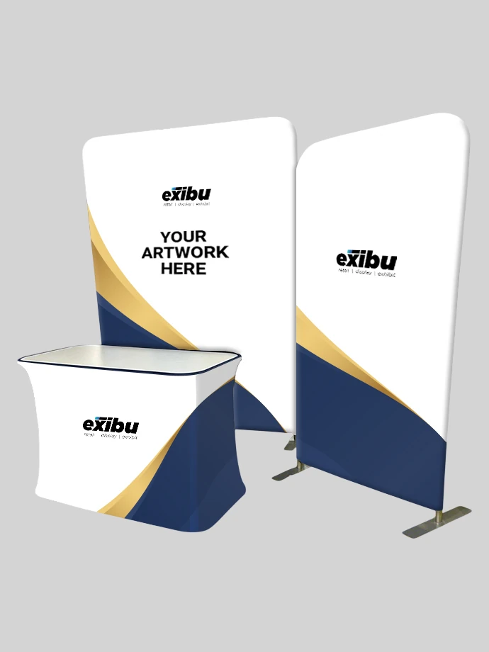 Dual Fabric Backdrop Promotion Kit with Stretch Branding Desk