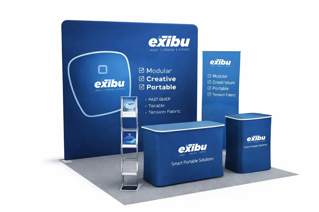 Model EX 1 Minimal Fabric Display Setup with Counter and Backdrop