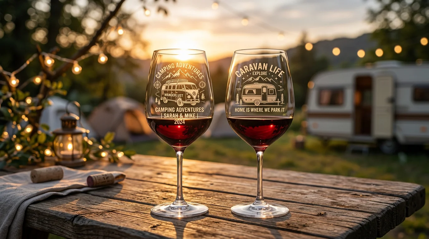 Camping- und Camper-Motive als Gravur auf Gläsern