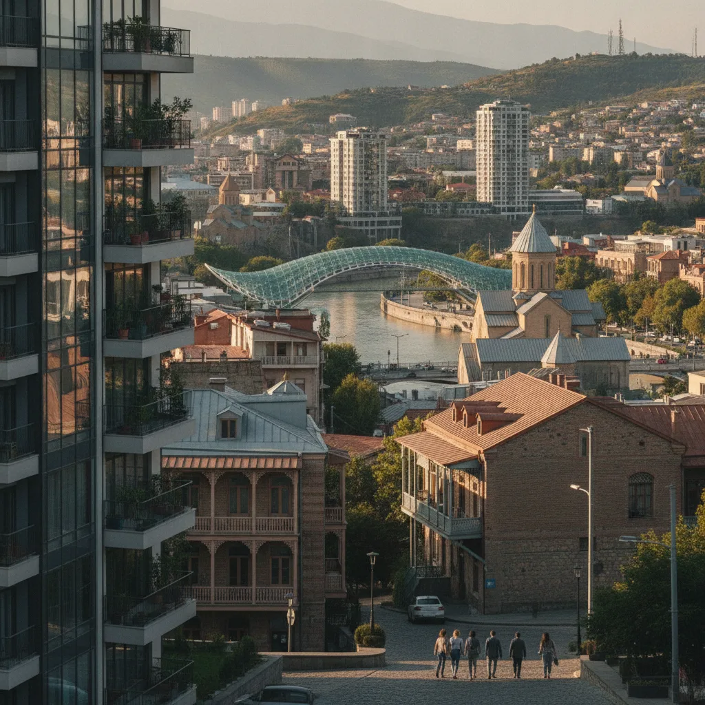 თანამედროვე ბინის ინტერიერი ფანჯრიდან თბილისის ხედით.