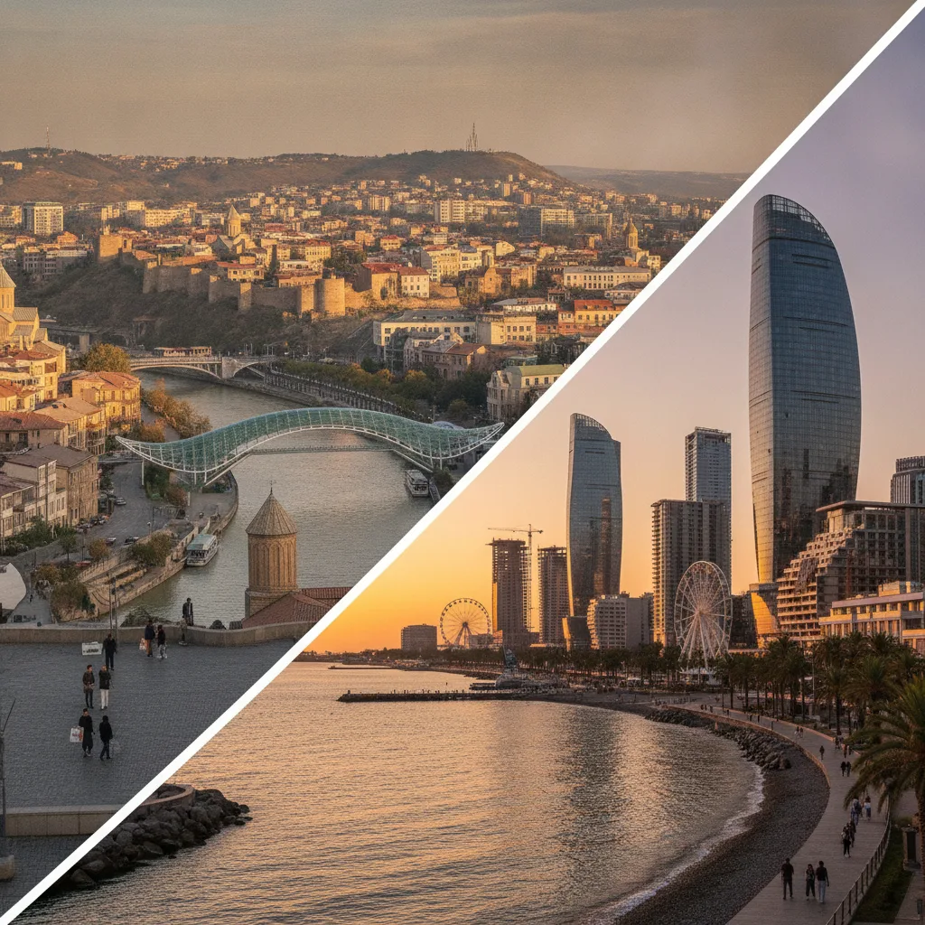 Side-by-side images of the Tbilisi Old Town skyline and the modern Batumi waterfront with its high-rise buildings.