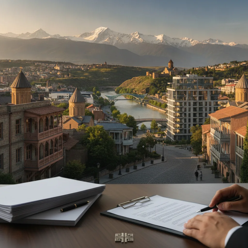 Թբիլիսիի տեսարան ժամանակակից բնակարանի պատշգամբից, որը խորհրդանշում է գույքի վաճառք։