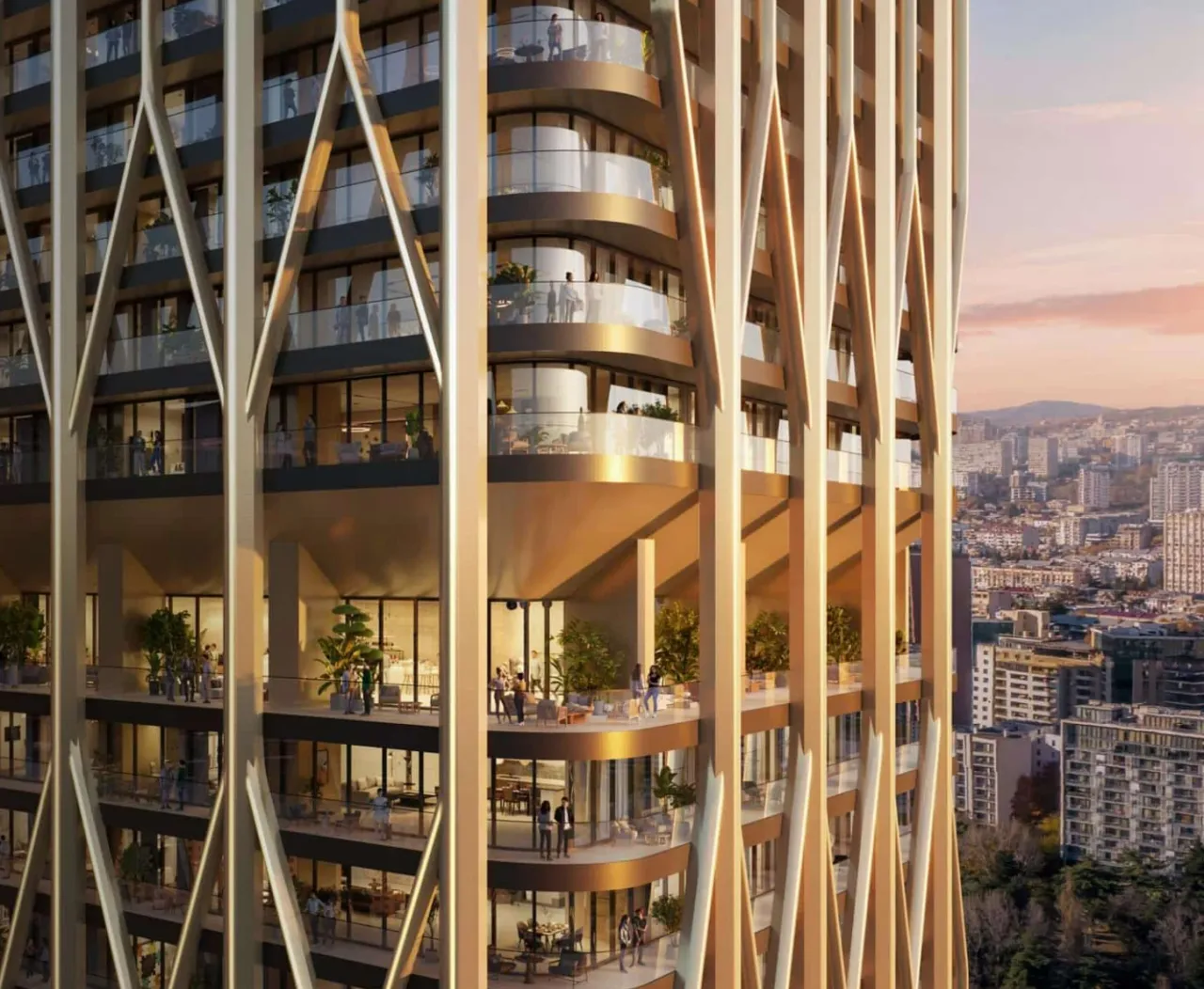 Renderización del horizonte de Trump Tower Tbilisi y el distrito circundante de Downtown Tbilisi.