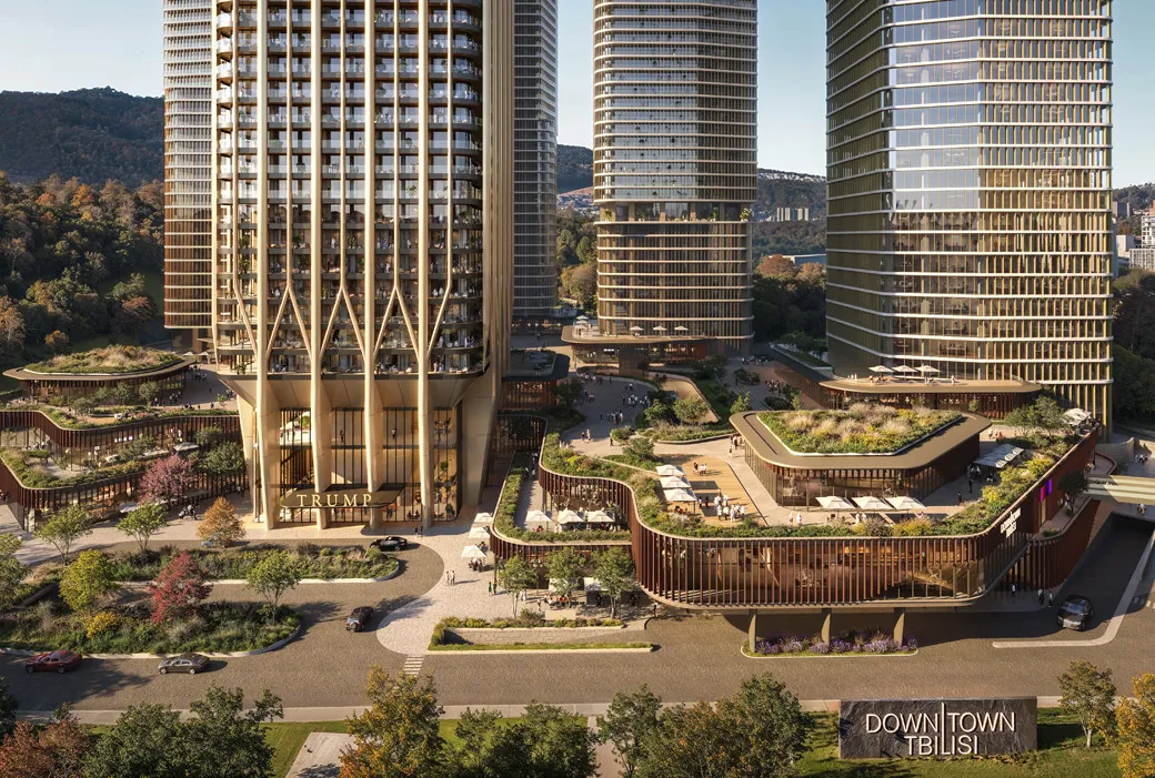 Renderización del horizonte de Trump Tower Tbilisi y el distrito circundante de Downtown Tbilisi.