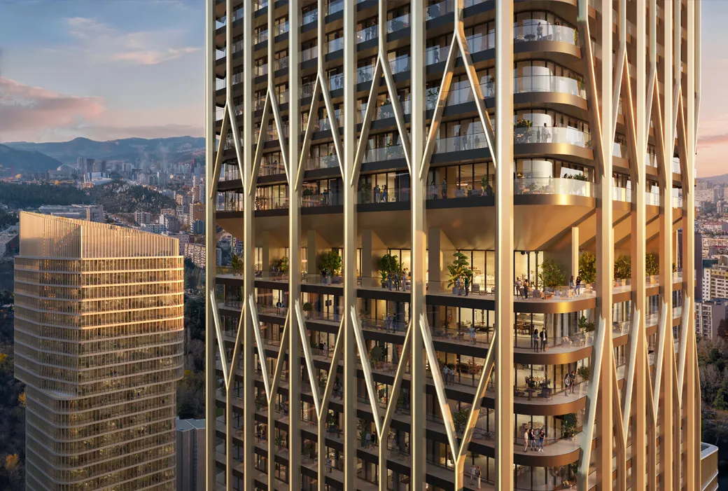 Renderización del horizonte de Trump Tower Tbilisi y el distrito circundante de Downtown Tbilisi.