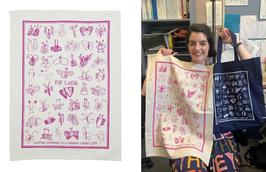 Custom organic cotton tea towels designed by Caulfield Grammar students for Lucia’s fundraising legacy